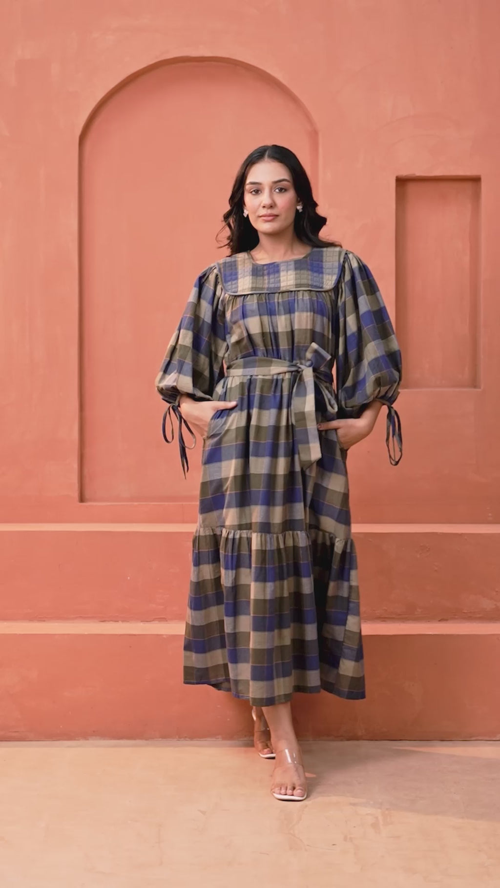 Chloe Cotton Checked Hand Block Print Belted Tiered Maxi Dress