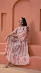 Blossom Cotton Floral Hand Block Print Bell Sleeve Midi Dress