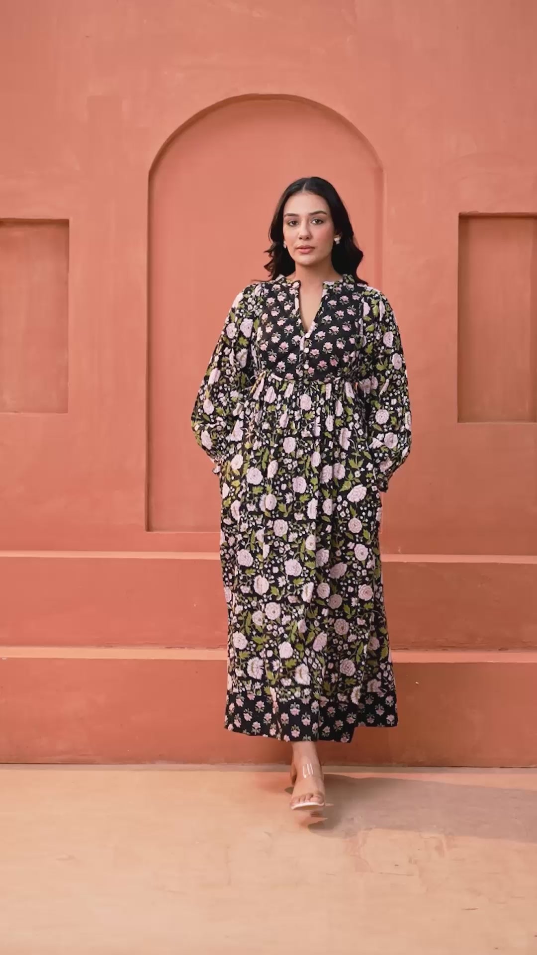 Sienna Cotton Floral Hand Block Print Button-Front Maxi Dress