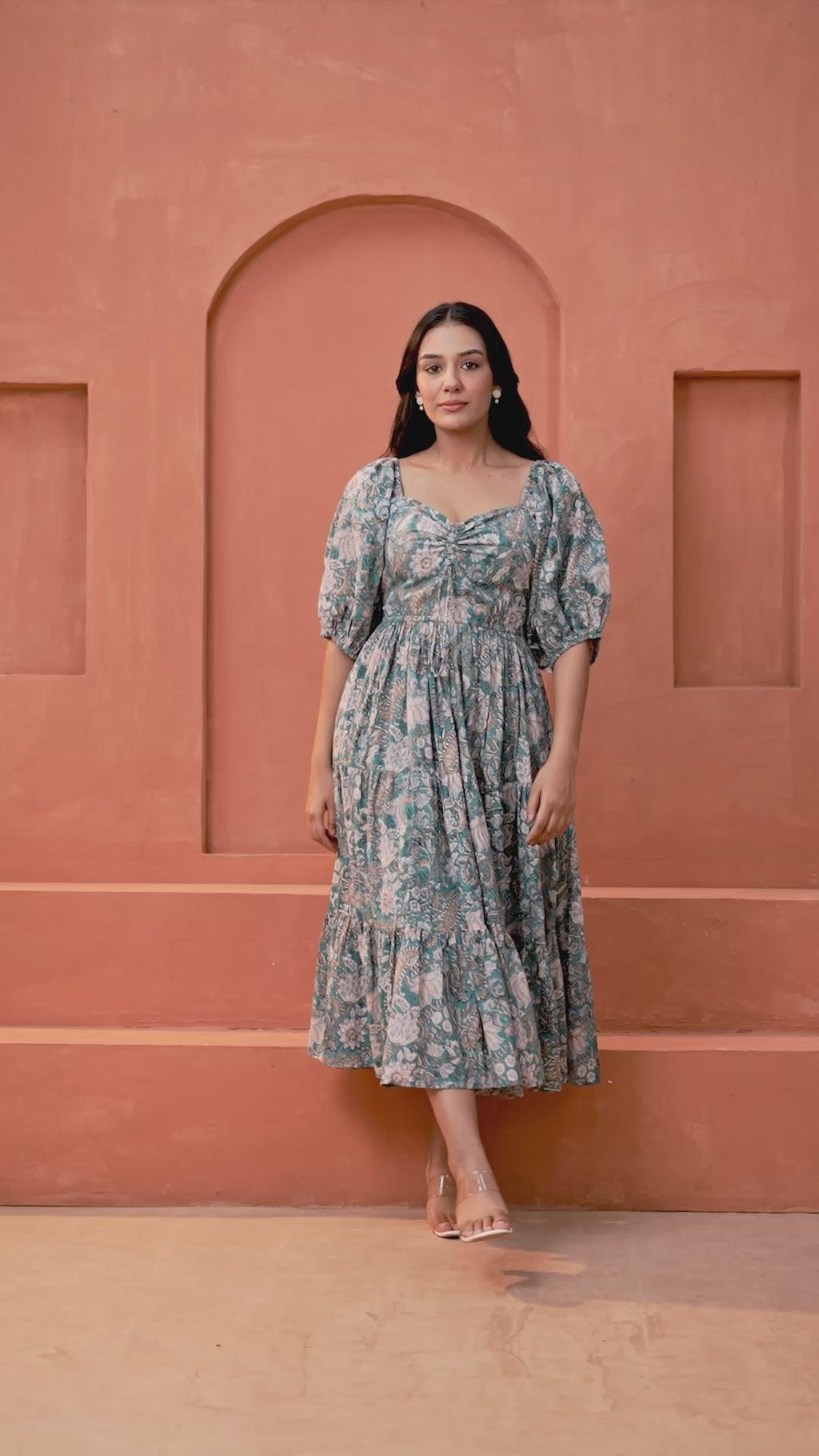 Tara Cotton Floral Hand Block Print Square Neck Midi Dress