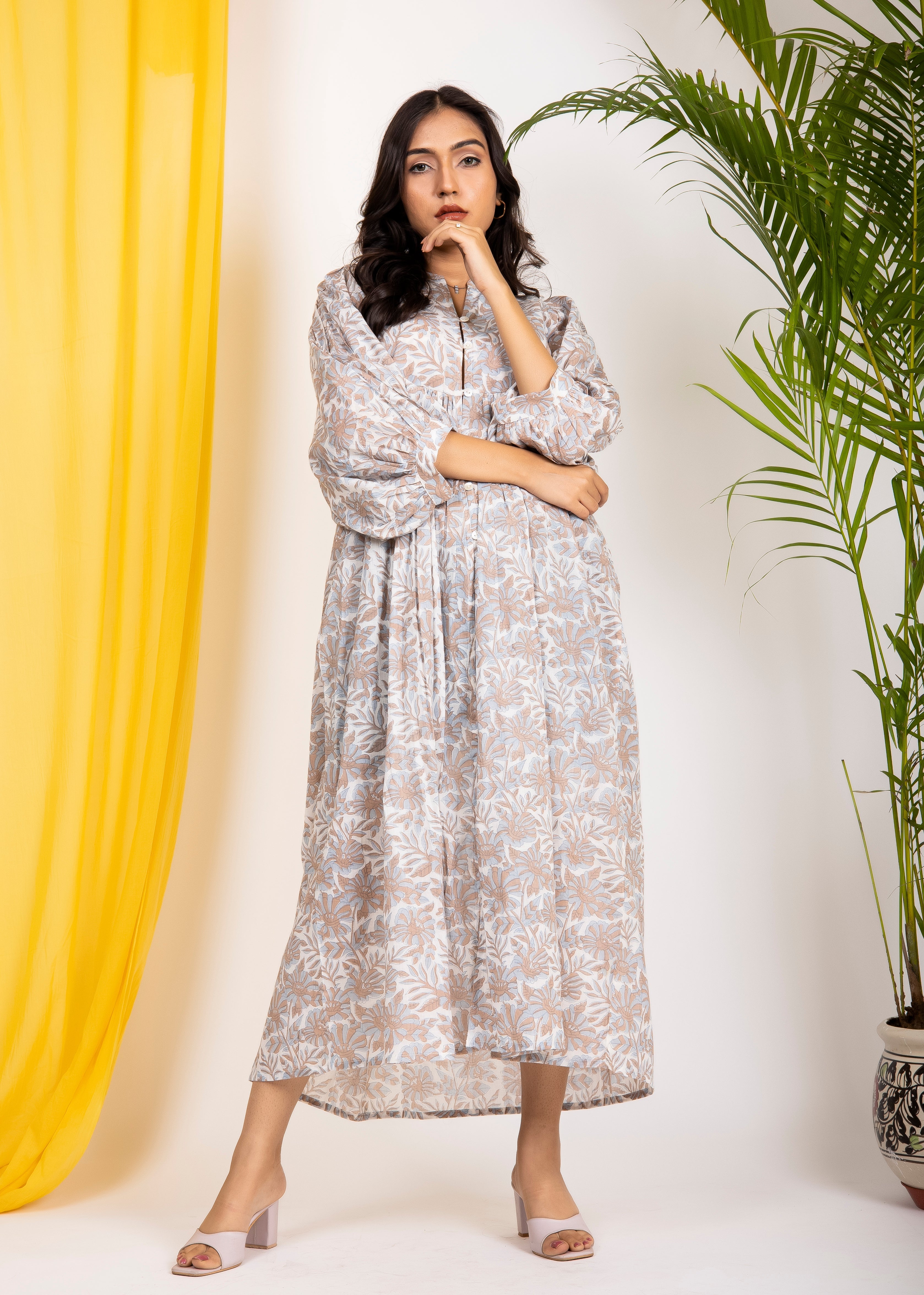 Hand Block Floral Printed Jaipuri Cotton Handmade Summer Midi Dress