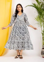 Hand Block Floral Printed Black & White Cotton Midi Dress Made In India