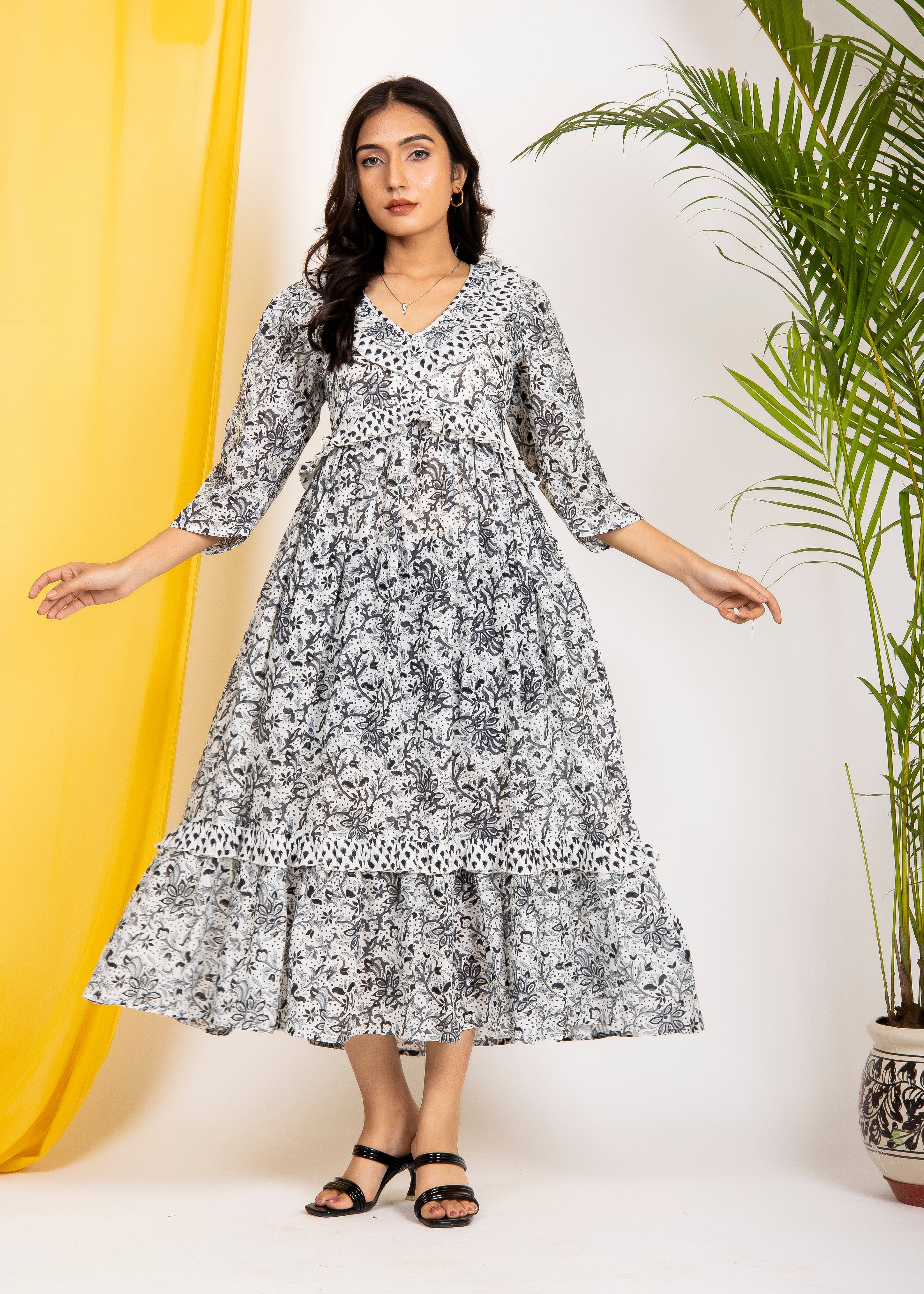 Hand Block Floral Printed Black & White Cotton Midi Dress Made In India