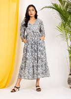 Hand Block Floral Printed Black & White Cotton Midi Dress Made In India
