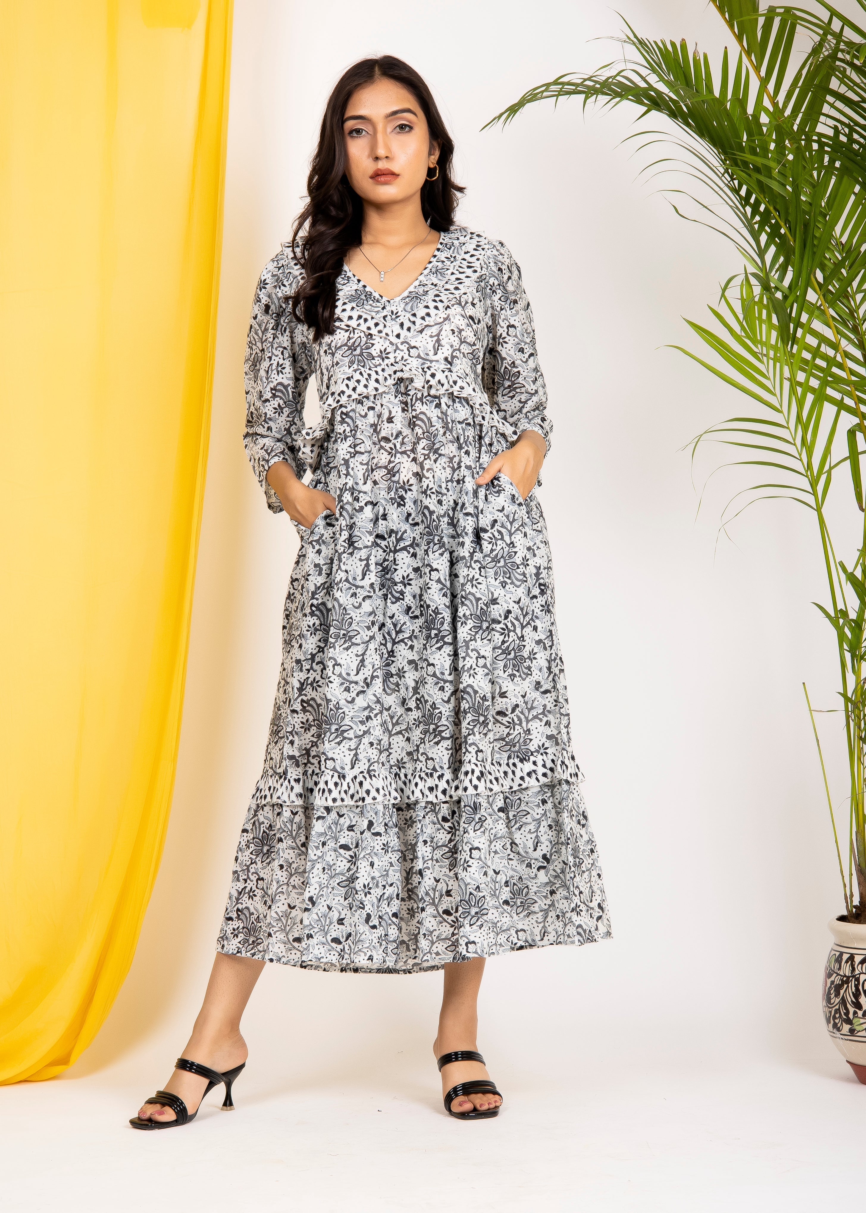 Hand Block Floral Printed Black & White Cotton Midi Dress Made In India