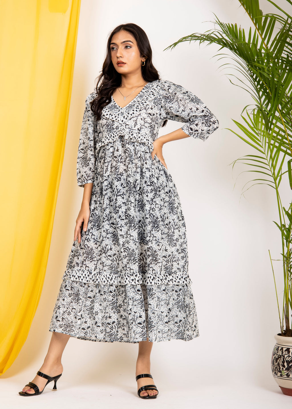 Hand Block Floral Printed Black & White Cotton Midi Dress Made In India