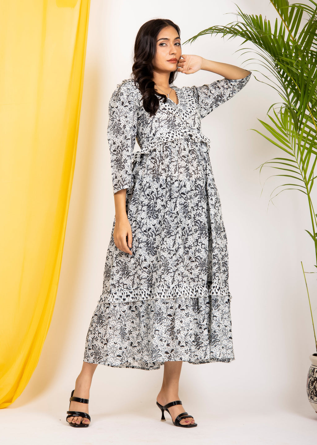 Hand Block Floral Printed Black & White Cotton Midi Dress Made In India