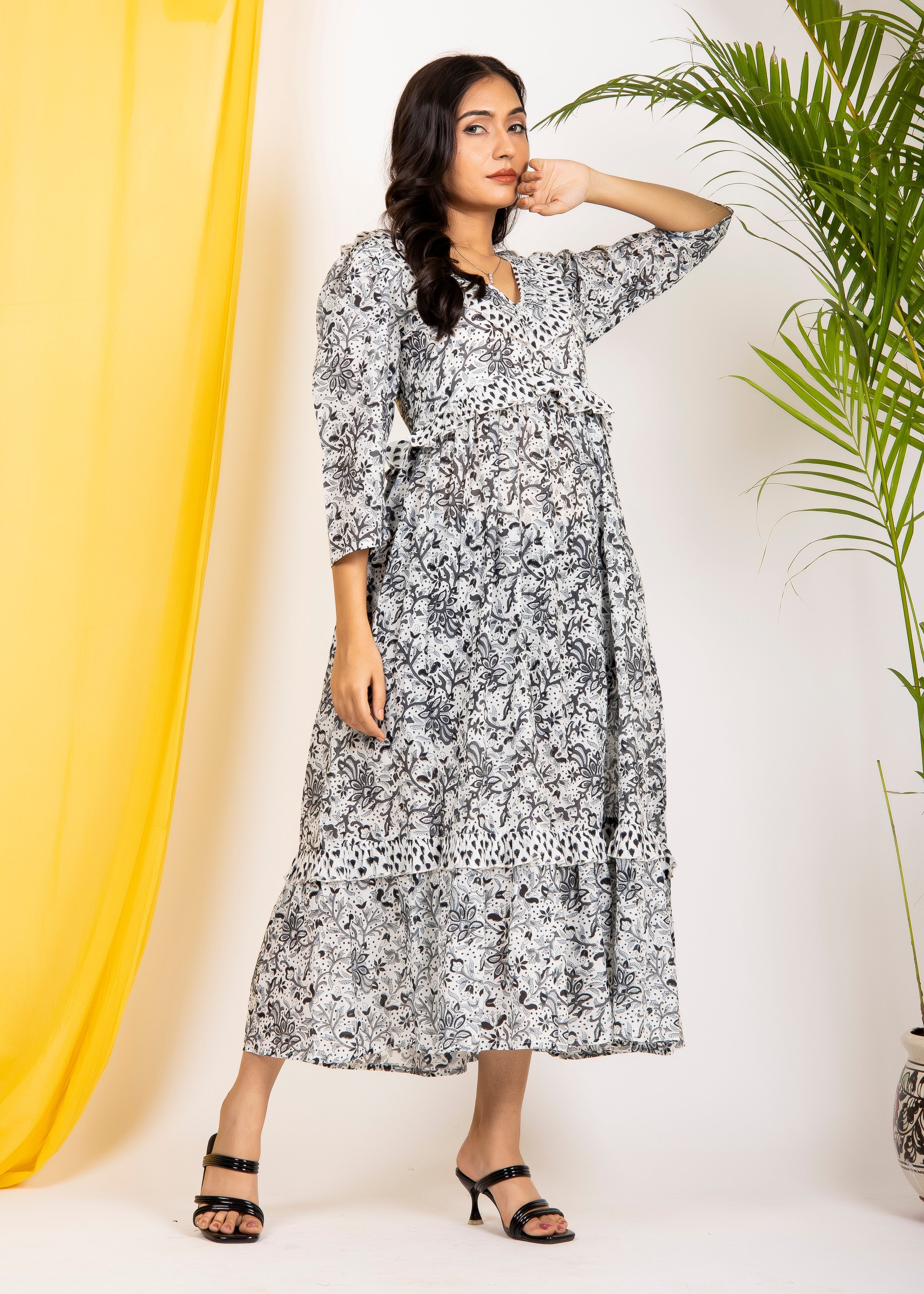 Hand Block Floral Printed Black & White Cotton Midi Dress Made In India