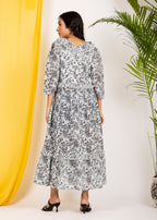 Hand Block Floral Printed Black & White Cotton Midi Dress Made In India