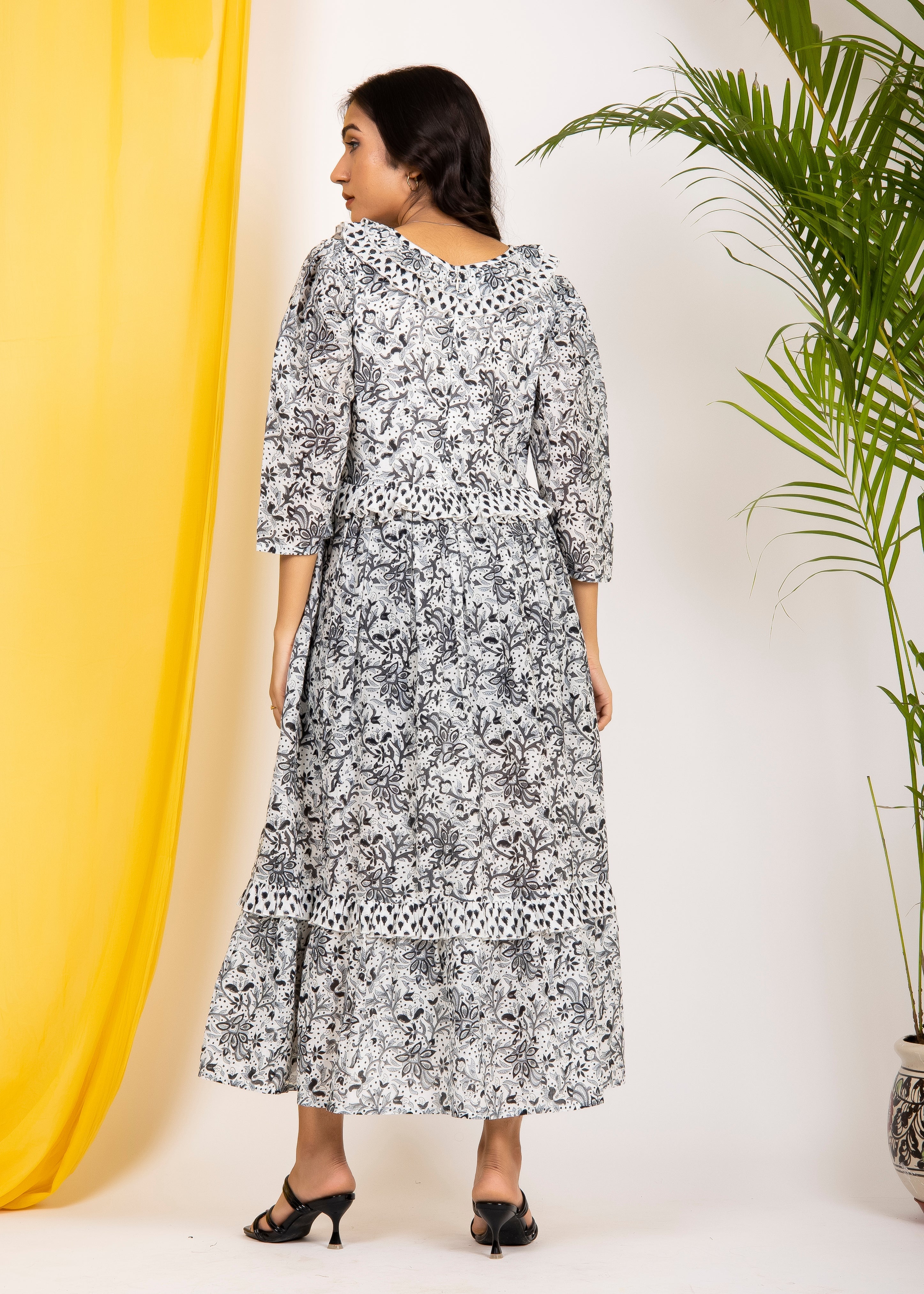 Hand Block Floral Printed Black & White Cotton Midi Dress Made In India