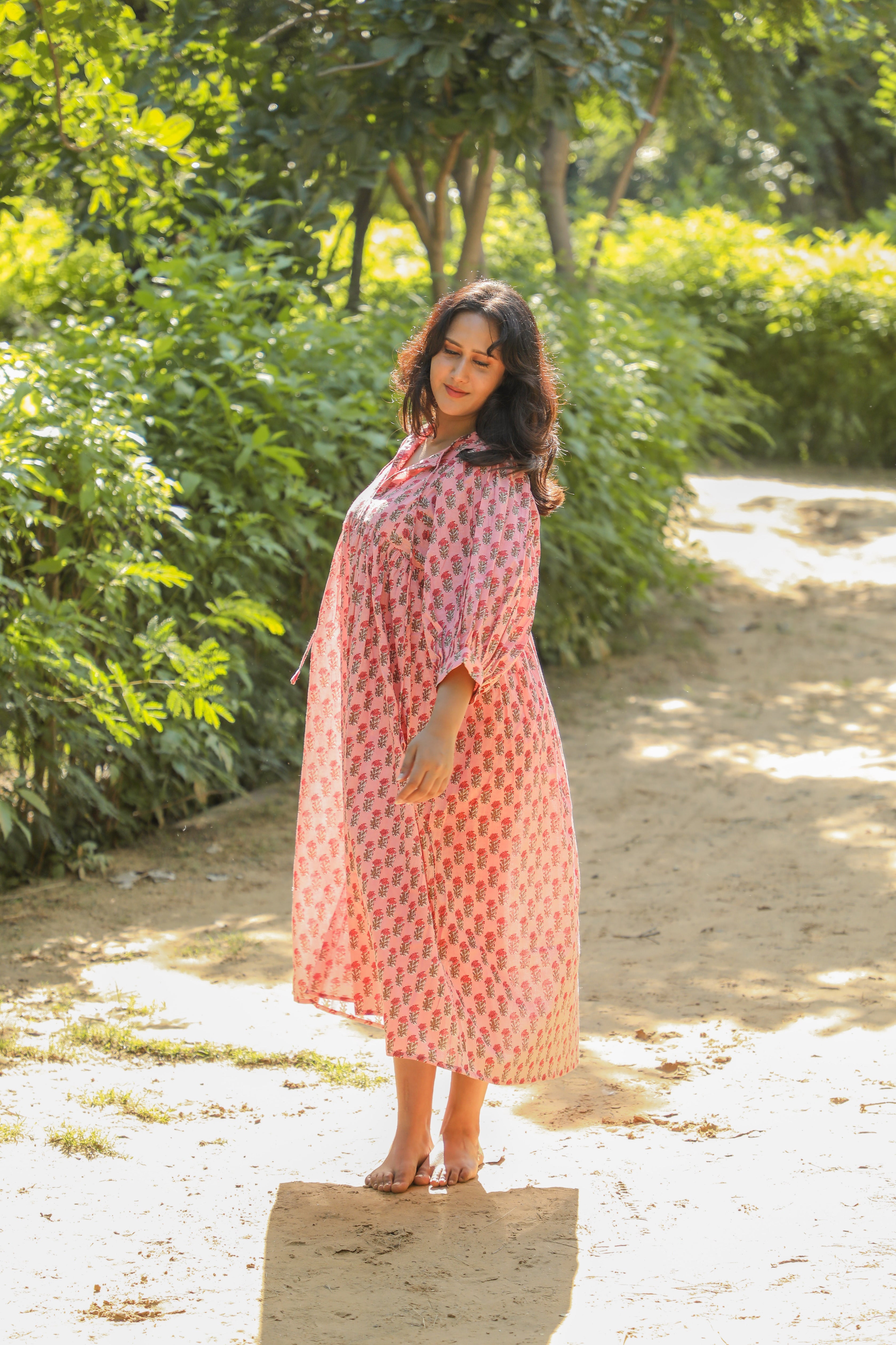Hand Block Printed Floral Art Peach Handmade Cotton Gift For Her Breathable Midi Dress