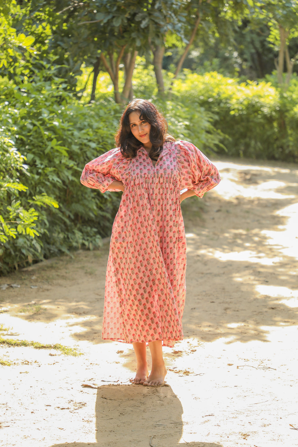 Hand Block Printed Floral Art Peach Handmade Cotton Gift For Her Breathable Midi Dress