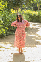 Hand Block Printed Floral Art Peach Handmade Cotton Gift For Her Breathable Midi Dress
