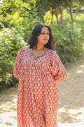 Hand Block Printed Floral Art Peach Handmade Cotton Gift For Her Breathable Midi Dress